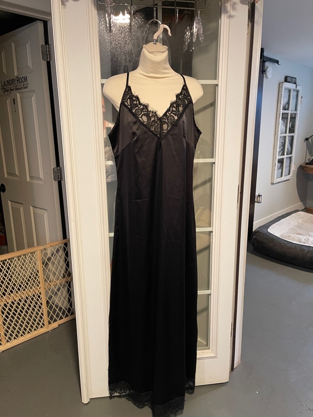 Women's Black Satin Lace-Trim Slip Dress